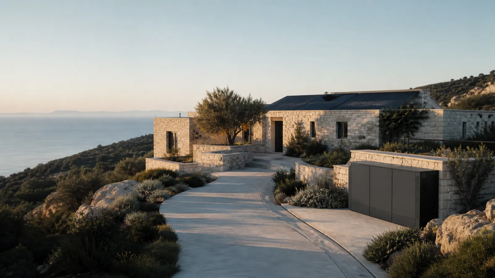 Ege kıyısında enerji altyapısı planlanmış modern taş villa
